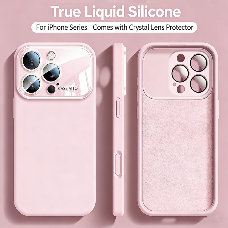 Image of Phone Case: Luxury & Aesthetic Phone Case For For Iphone 17 16 15 14 13 12 Pro , Protection Level, Solid Color, Feel, Liquid, Crystal Window Lens Protection Case, Anti-slip, Full-coverage Drop