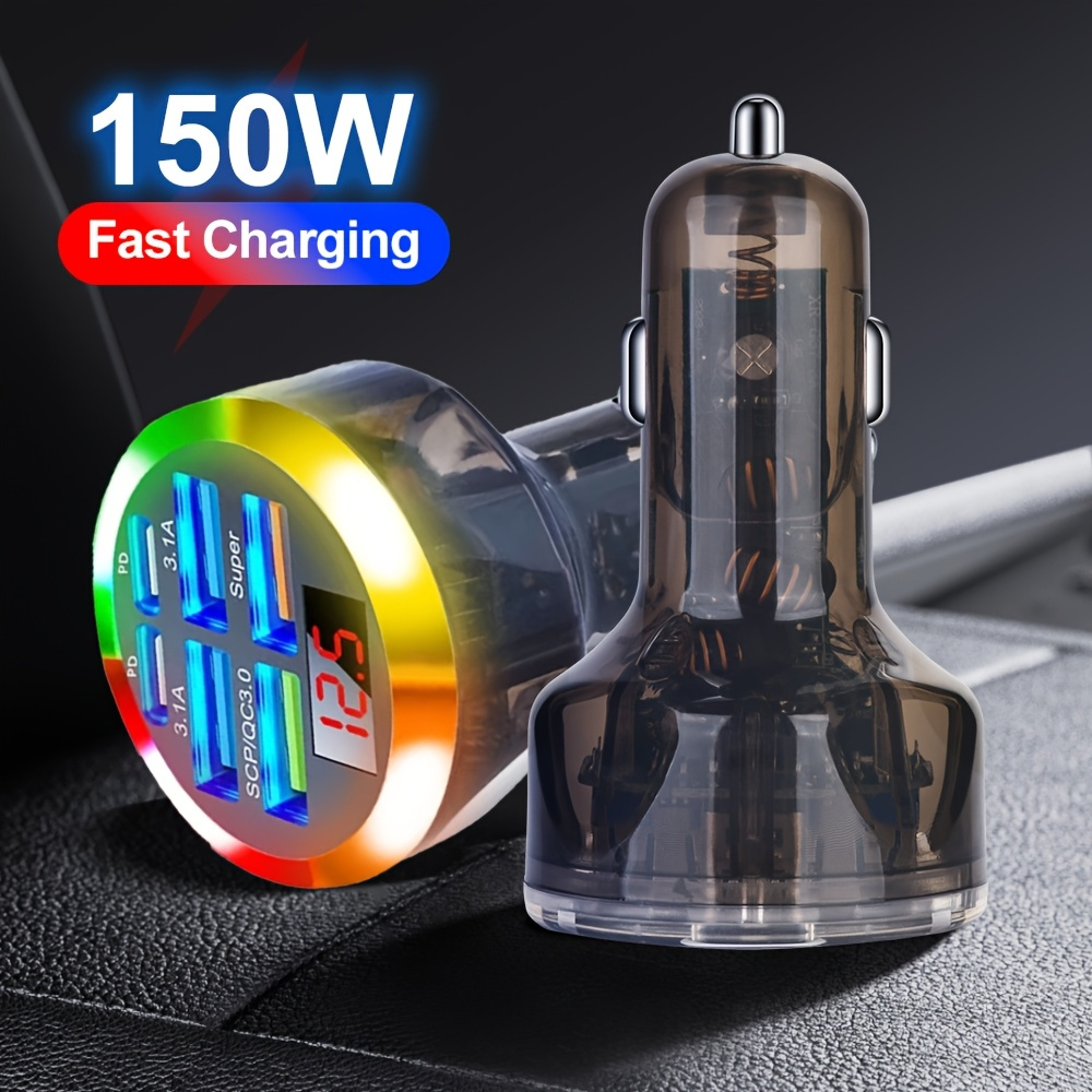 6-en-1 Chargeur de voiture USB-C semi-transparent avec adaptateur de charge rapide 200W, compatible PD et QC3.0, prise universelle 12V-24V à lumière ambiante RGB et affichage numérique du voltage, idéal pour iPhone 15/14/13/12/11/Galaxy/Pixel