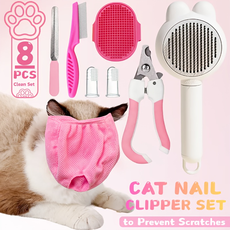 An 8pcs Grooming And Cleaning Kit for Cats, Including a Breathable Anti-Scratch Mask, Self-Cleaning Brush, Nail Clippers, Comb, De-Shedding Brush, And Toothbrush—Keeping Your Cat Clean, Healthy, And Happy