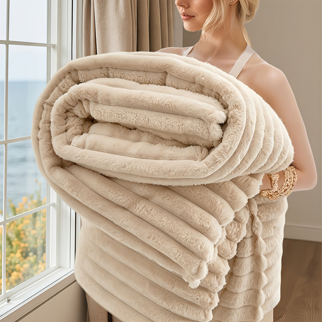 Local Warehouse - Faux Rabbit Fur Throw Blanket - Cozy, Thick Striped Plush For - Perfect For Couch, Bed, And Hotel , Perfect For Gifting