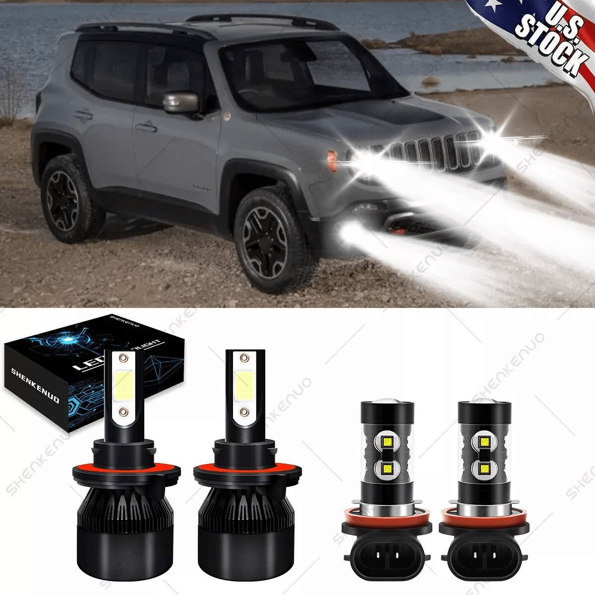 

4pcs Shenkenuo Led Headlight And Fog Bulbs , H13 H11 / Low , 3000+ , Aluminum, 9-36v, For Jeep Renegade 2015-2020, Led Lights, Battery