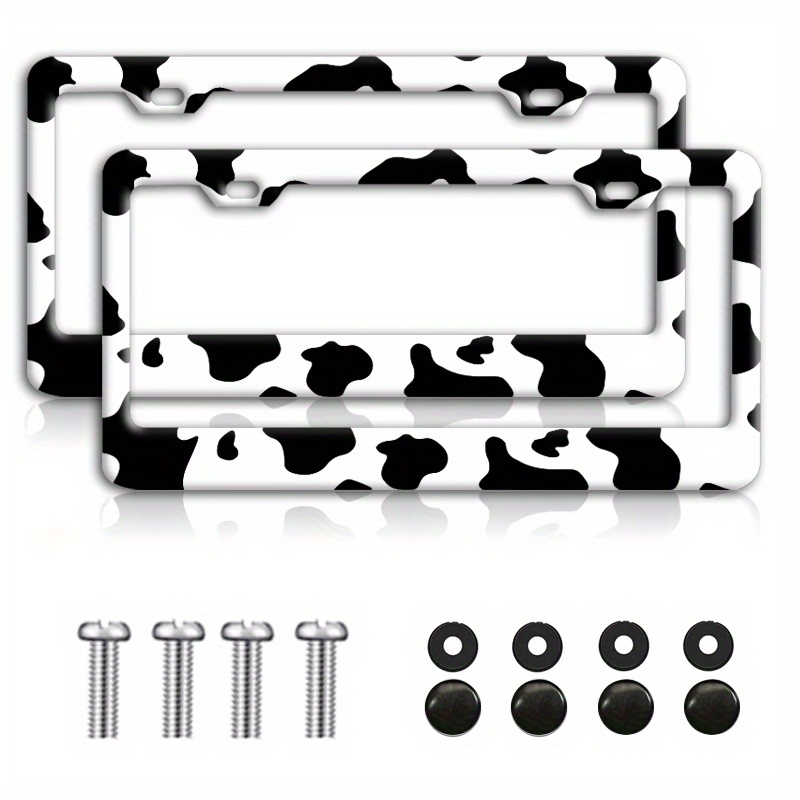 TEMU 1pc Cow Print Car License Plate Frame- Stainless Steel Aluminum With 2 Holes And Screws- Perfect For Your Car