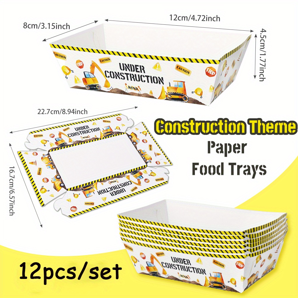 TEMU 12pcs/set Construction Theme Trays | Excavator Bulldozer Fries Paper Tray For Construction Birthday Party Decorations, Snack Box, Snacks Serving