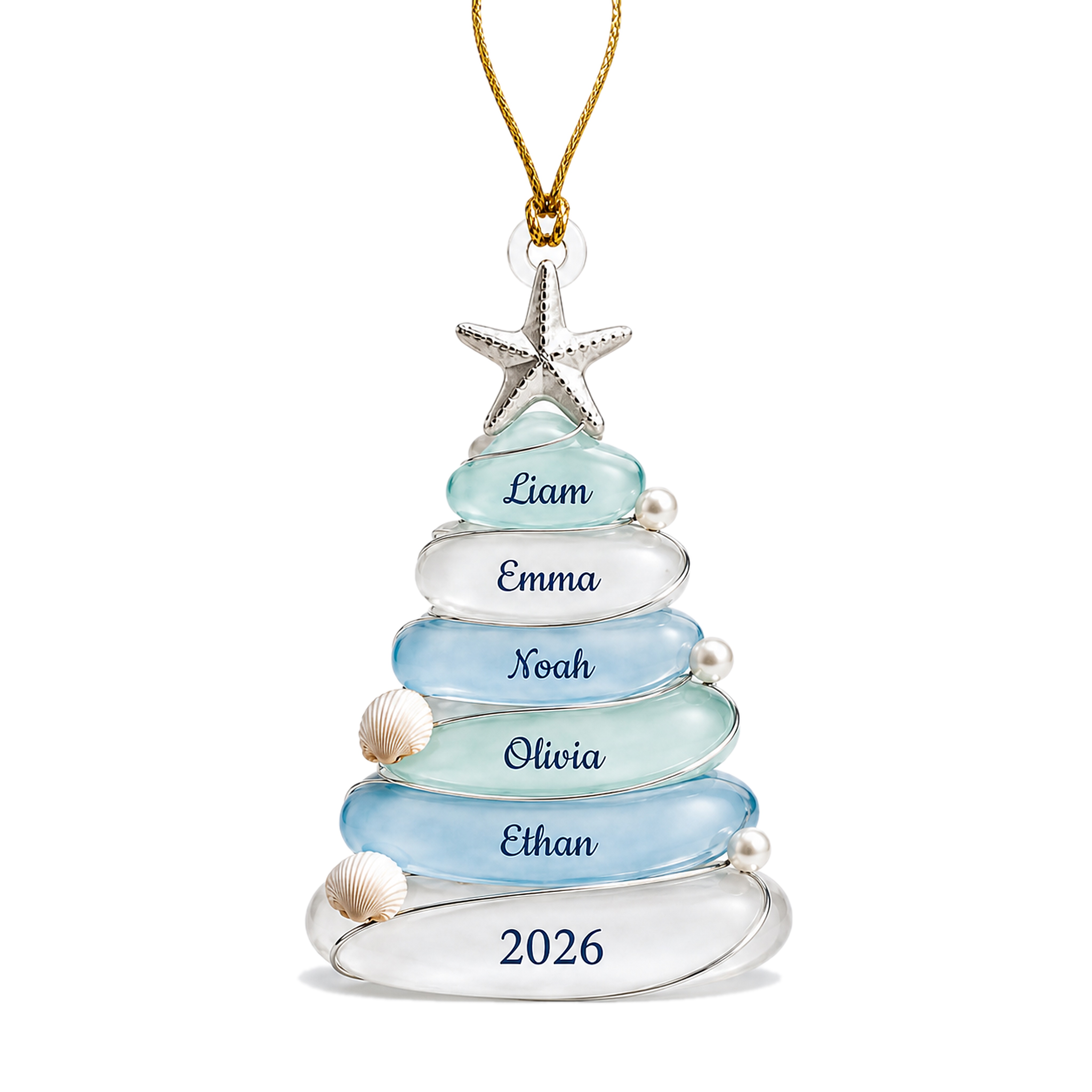 TEMU 2d Flat, Personalized Sea Christmas Tree Ornament, Custom 1-8 Family Names And Year, Coastal Starfish, Seashell And , 10cm Acrylic Hanging