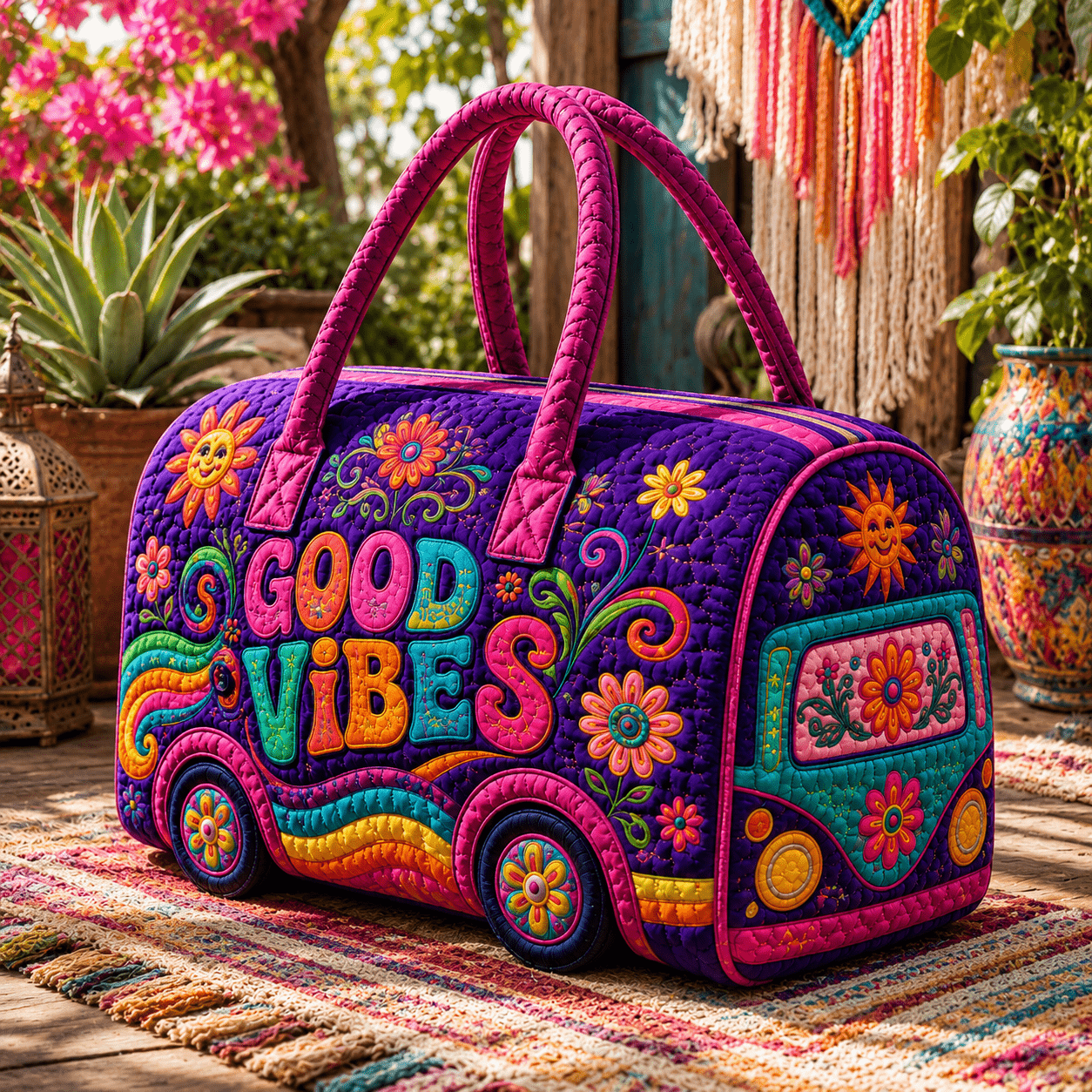 TEMU 26 1pc Boho Floral Van Print Quilted Duffel Bag, Vintage Large Capacity Women's Travel Weekender Bag, Lightweight Soft Overnight Handbag For