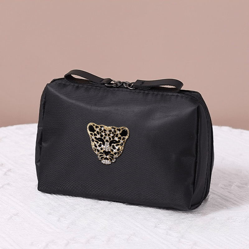 E-shop 2025 Neue Make-up-Tasche mit Leopardenkopf-Design, Handtasche mit einfachem Reißverschluss, geeignet für Reisen im Freien, goldene