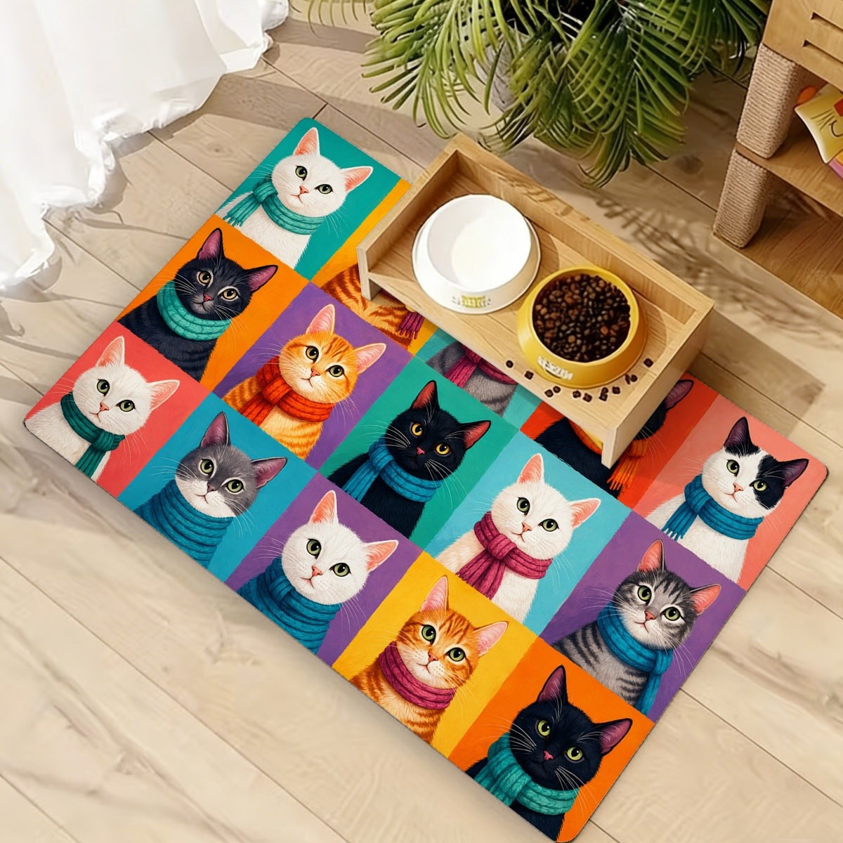 TEMU Vibrant Cartoon Cat Portrait Print Diatomite Cat Feeding Mat, Featuring 15pcs Of Adorable Cats Wearing Scarves Against A Bright Solid-colored