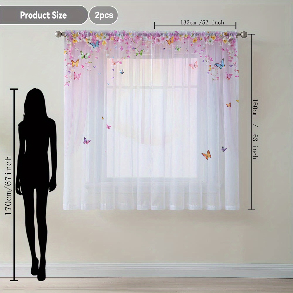 Image of 2pcs Pink Flowers And Small Butterflies, Printed Home Decor Sheer Curtains, Flowing Window Scarf, Sheer Curtains Suitable For Kitchen Cafe Restaurant Balcony Garden Bedroom