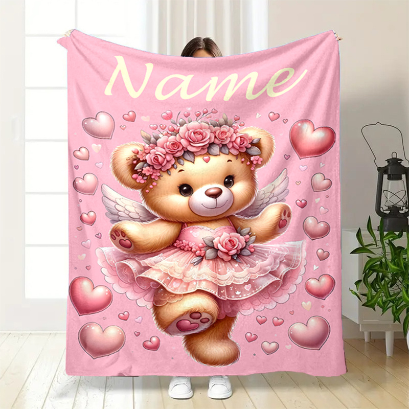 E-shop Personalisierte Herzförmige Teddybär-Flanell-Decke, Weich Warm, Aus Digital Gedrucktem -Material, für Camping, Reisen Weihnachtsdekoration, Ein
