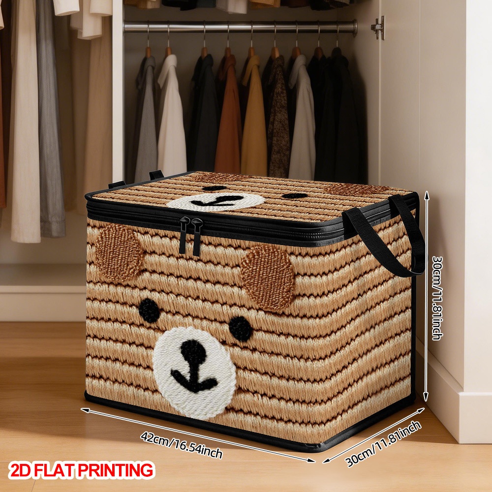Cute Brown Bear Face Storage Box with Zippered Lid