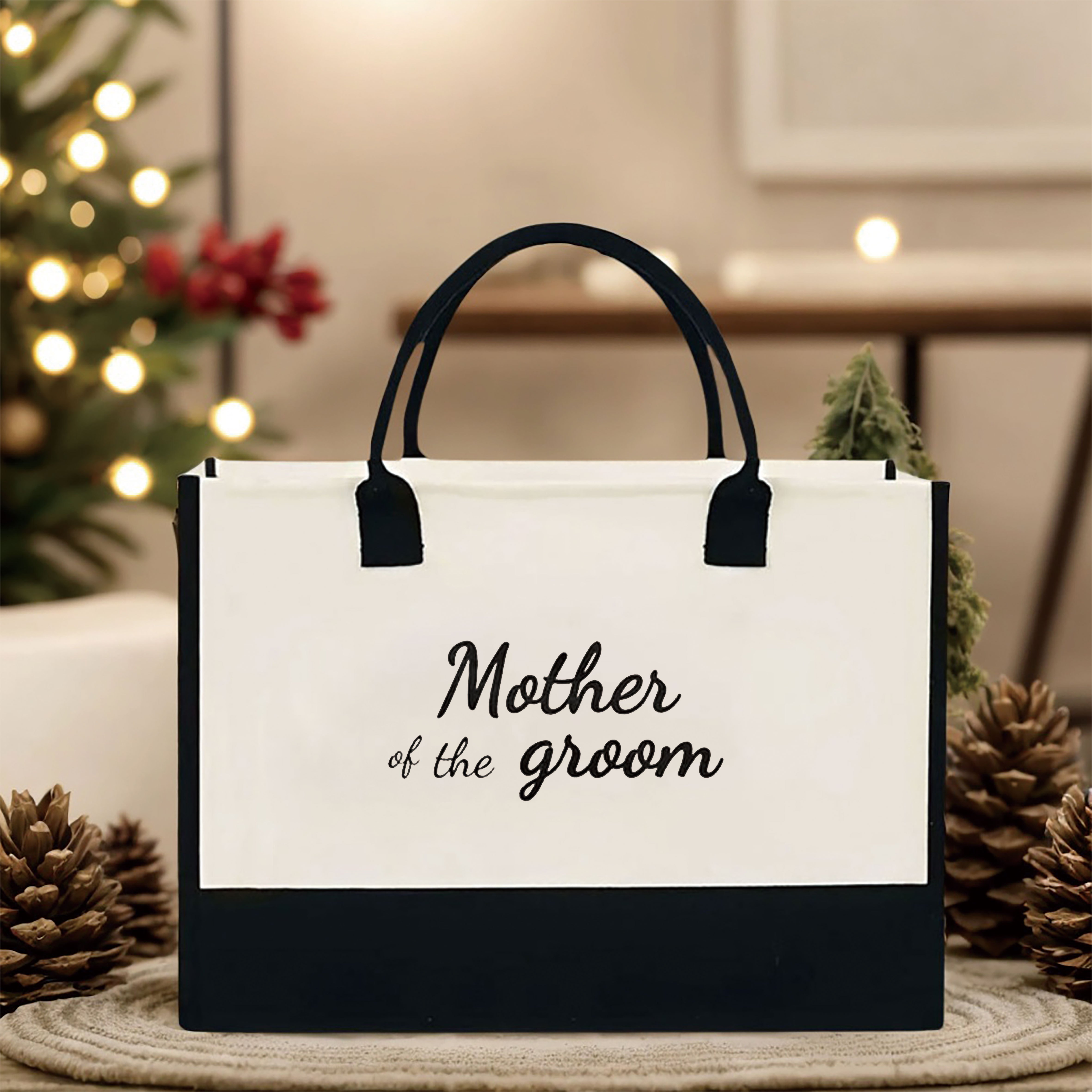 

1pc "mother Of The Groom" Canvas Tote Bag - Elegant Black And , Polyester, Ideal Gift For Mother-in-law , Engagements, Bridal Showers, No Power Needed