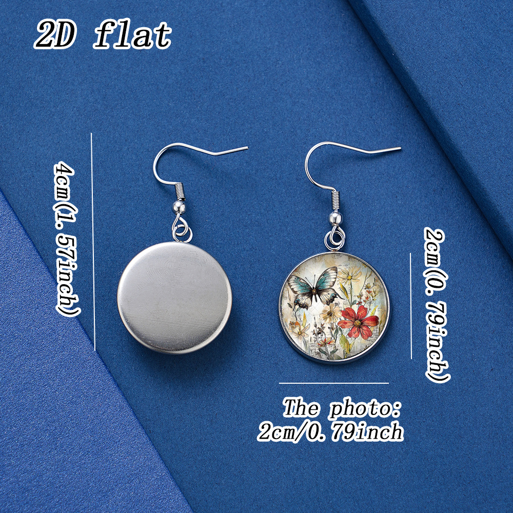 Round Stainless Steel Blue Butterfly Floral Pattern Earrings