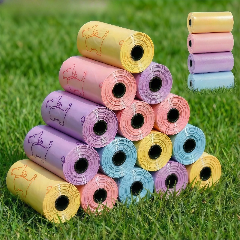 TEMU 300pcs Four-color Pet Poop Bags Random Style | 20 Rolls, Polyethylene Material, Large Capacity, Scented Odor Cover, Colored With Dog Prints,