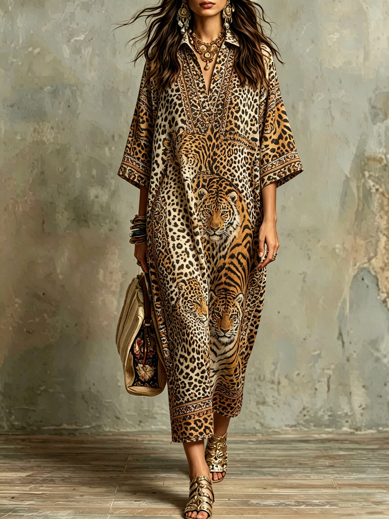 Women's Printed Long Shirt Dress Leopard Tiger Pattern Ideal for Beach, Party and Daily Wear. Breathable Loose Fit