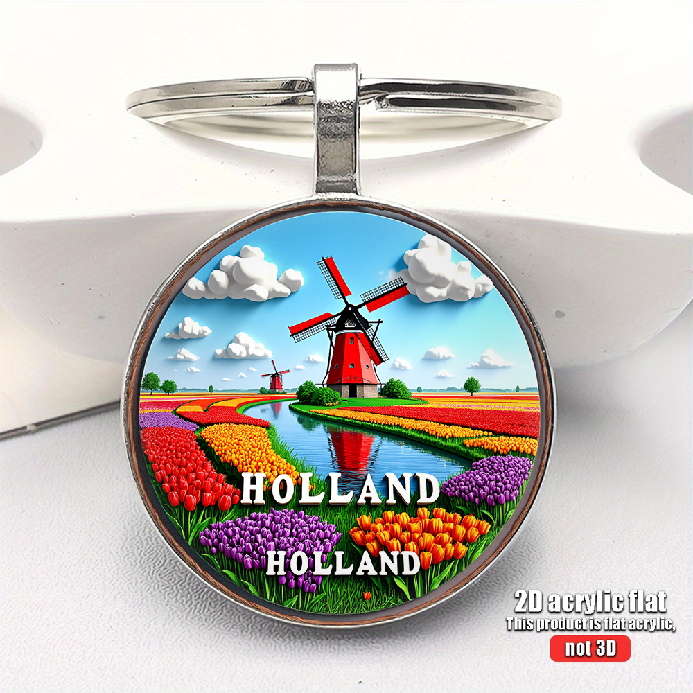 TEMU 2d Flat, 1pc 2d Flat Christmas, Happy New Year, Valentine's Day, Tulip Themed Keychain, Traditional And Colorful Tulip Countryside Scenery