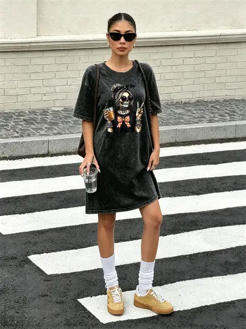 black denim dress with white shirt Follow+comment "link", ., This outfit features a dark blue denim midi dress layered over a crisp white button-down shirt, creating a smart and elegant look. The dress has a fitted waist with a belt