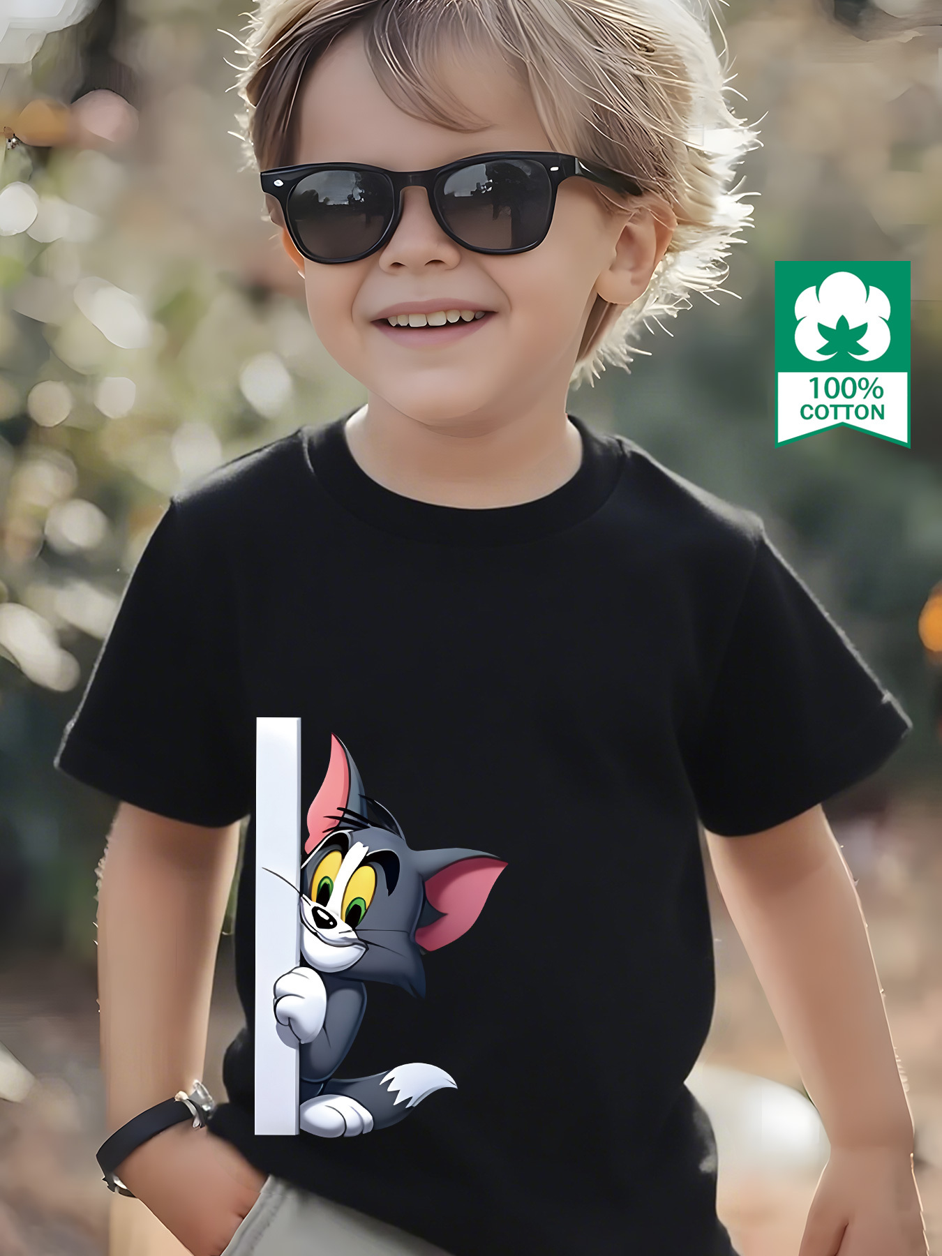100% Pure Knitted Short-Sleeve T-Shirt, Breathable And Sweat-Absorbing, a Casual And Versatile Round-Neck Short-Sleeve Top for Boys, Featuring a Cute TOM And JERRY Cartoon Print, Machine Washable - Available in 10 Options, Sweat-Resistant