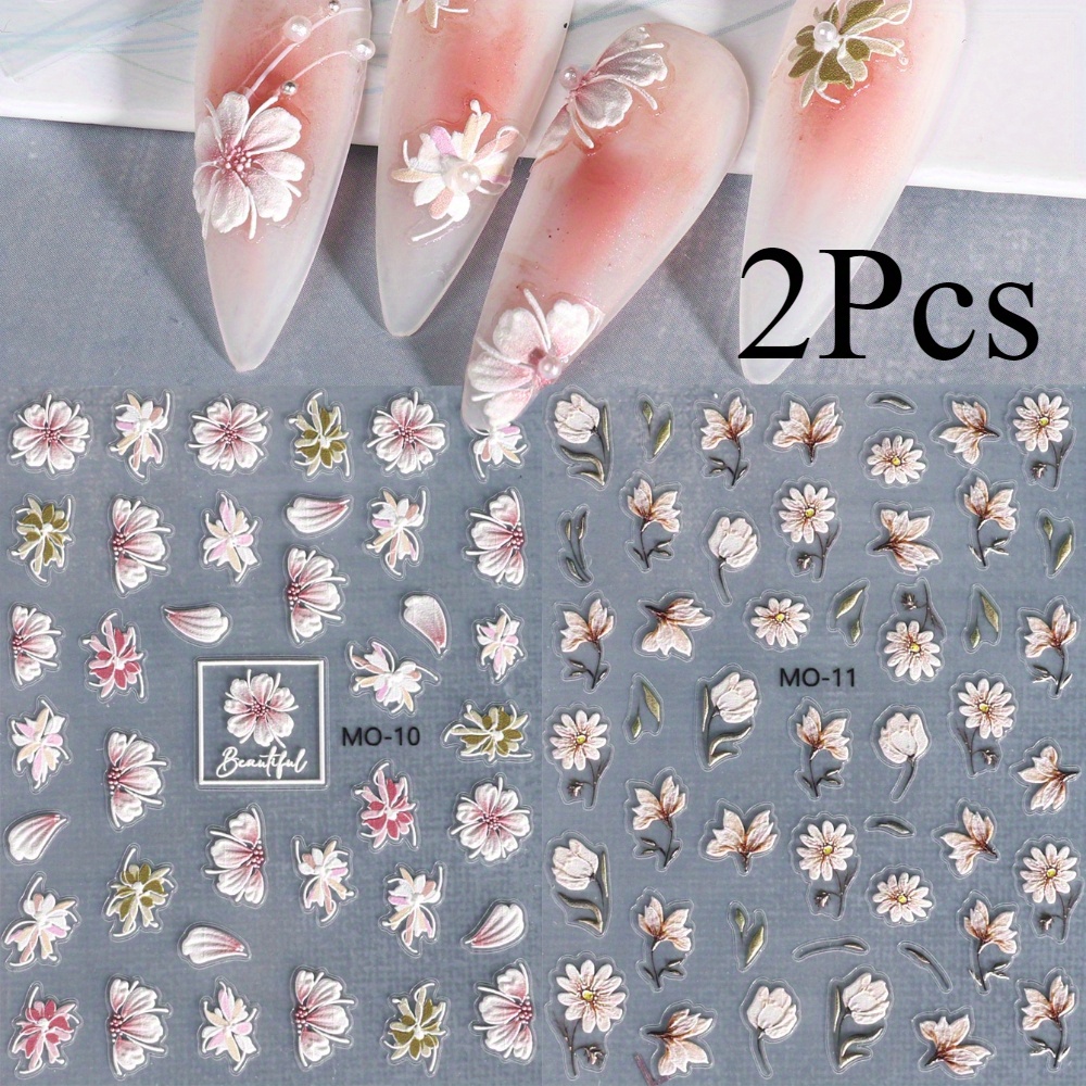 2pcs 5d Embossed Floral Nail Art Sticker Spring Beautiful Flower Self-adhesive Sticker Decal For Women And