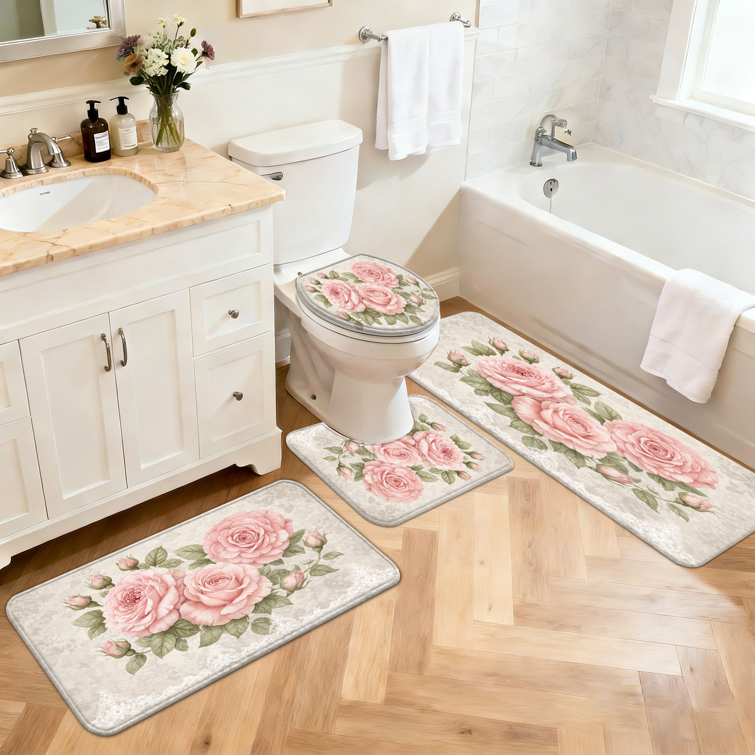 TEMU Set di tappetini antiscivolo da bagno 3/4 pezzi, peonia vintage, tappetino assorbente per doccia decorazioni per la casa, tappeto ad asciugatura