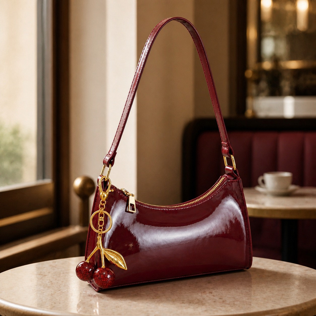 TEMU Wine Red Glossy Shoulder Bag With Charm, Slim Curved Underarm Handbag With Gold-tone Hardware And Zip Closure, Retro-inspired Fashion Purse For