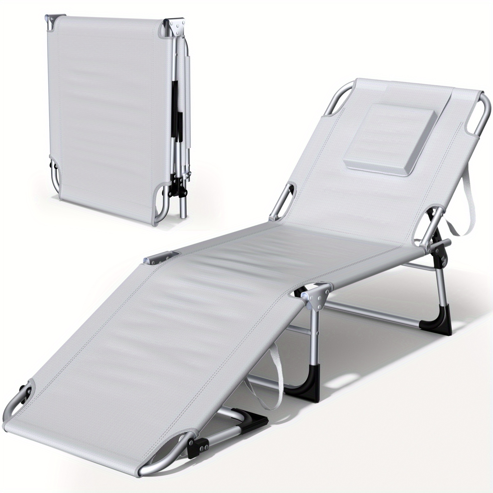 Bayernlive Adjustable Sun Lounger, Outdoor Folding Bed | Portable Foldable Beach Chair With Headrest | Ideal For The Beach, Patio And Pool Terrace, Light Grey/dark Grey