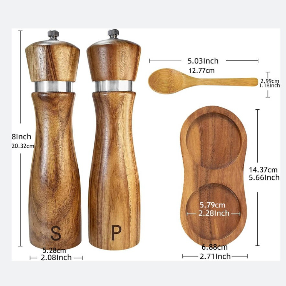 salt and pepper grinder set salt grinder refillable with wooden trays and spoon with adjustable salt and pepper mills for adjustable coarseness suitable for kitchens restaurants holiday gifts christmas gifts 4pcs Product details 1