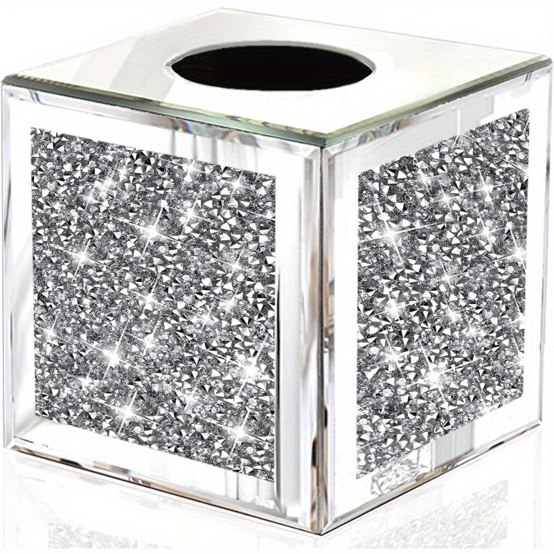 square mirrored tissue box covercrystal crushed diamond tissue box silvery luxury   for either tissues in a bathroom or napkins on a table. 5.5 x5.5 x5.5,   accessory, napkin holder, elegant decor, stylish organizer, decorative  , handcrafted detail, decorative tissue dispenser, interior designers, home decor lovers Product details 0