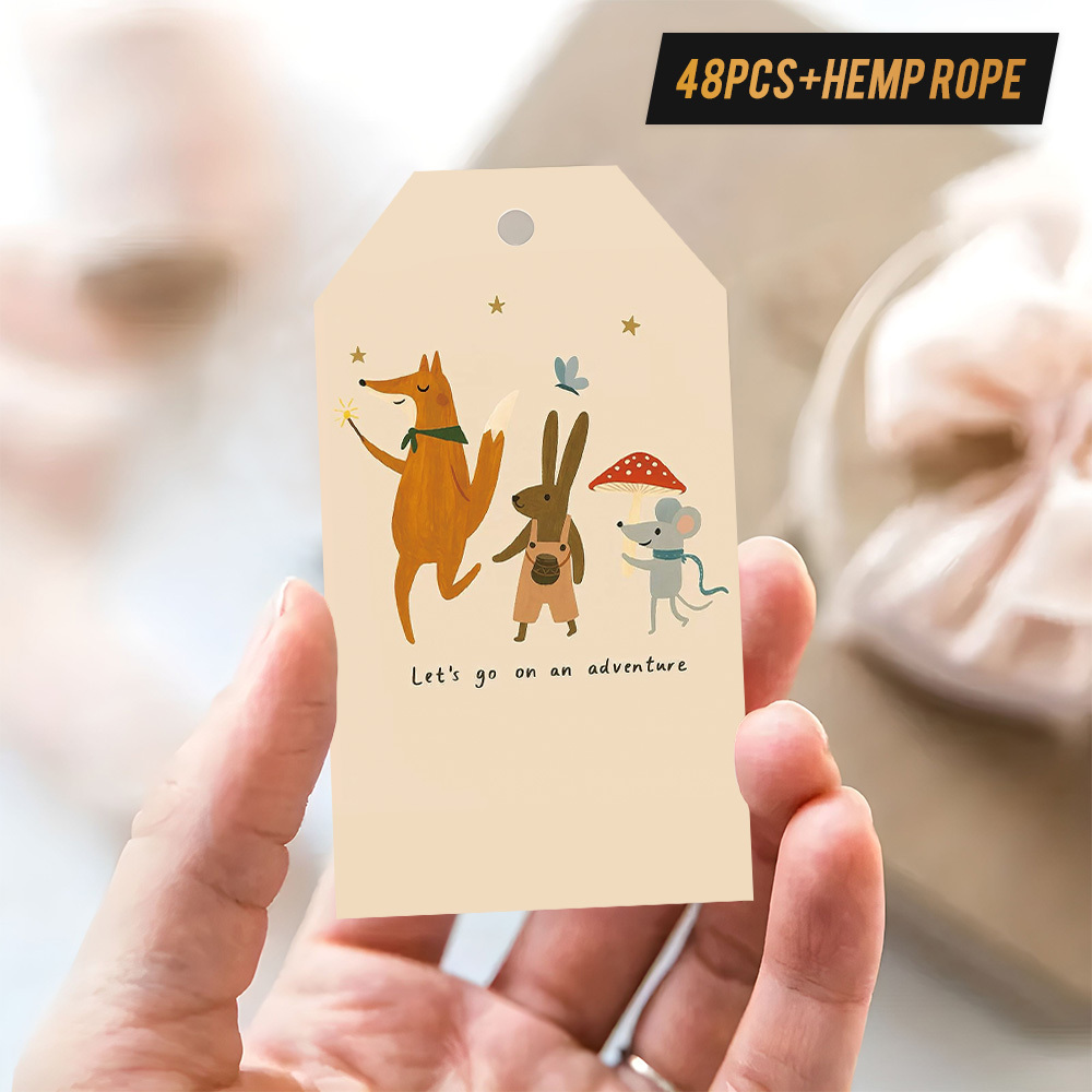 TEMU 48pcs "adventure-themed" Gift Tags With Hemp Rope - Animal Design Suitable For Kids' Favors, Outdoor Activities, Themed Decorations, Paper Tags