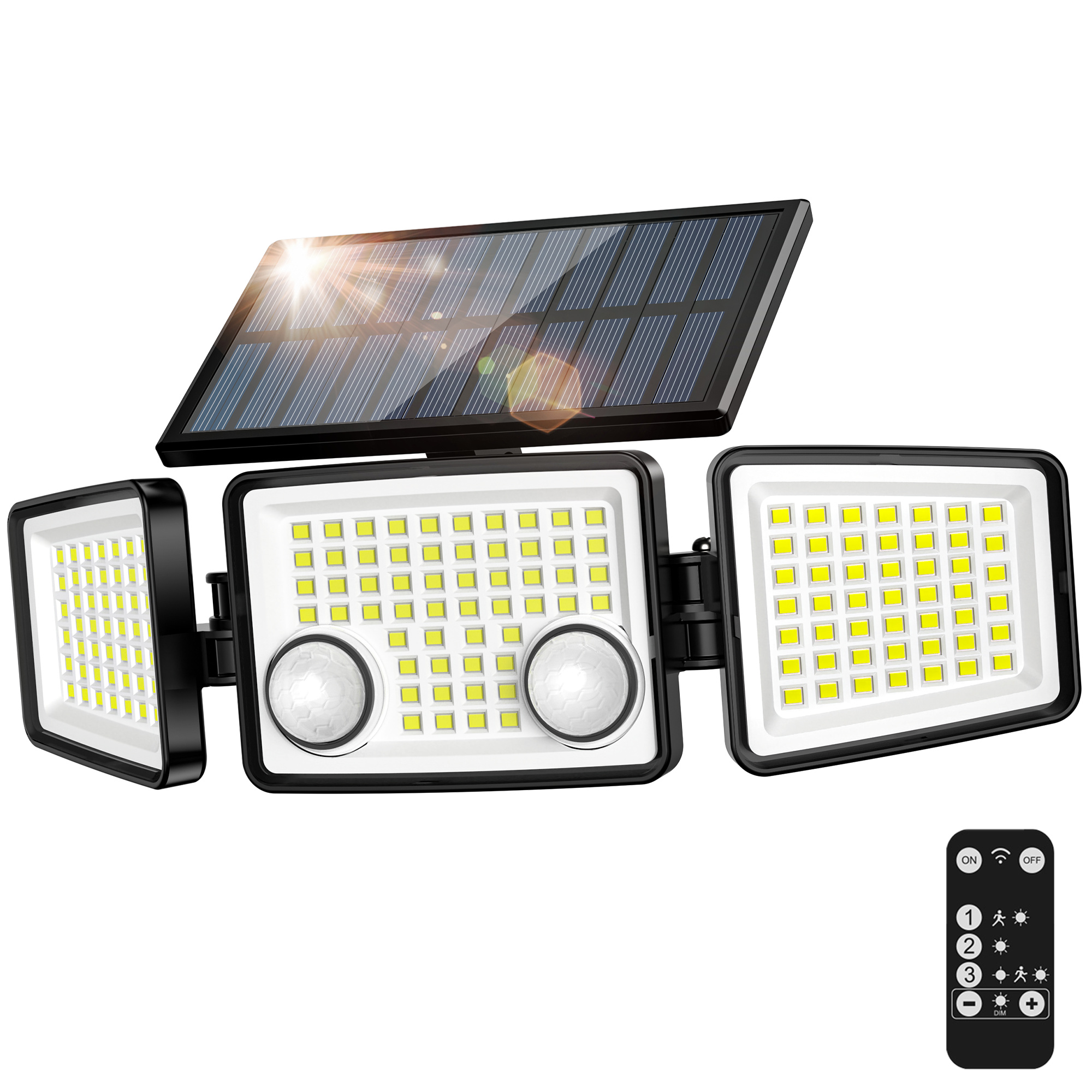 TEMU 3000lm Solar Outdoor Lights Motion Sensor, 3 Head Adjustable Solar Lights With 180° Wide Angle, 3 Lighting & Remote Control, Solar Lights For