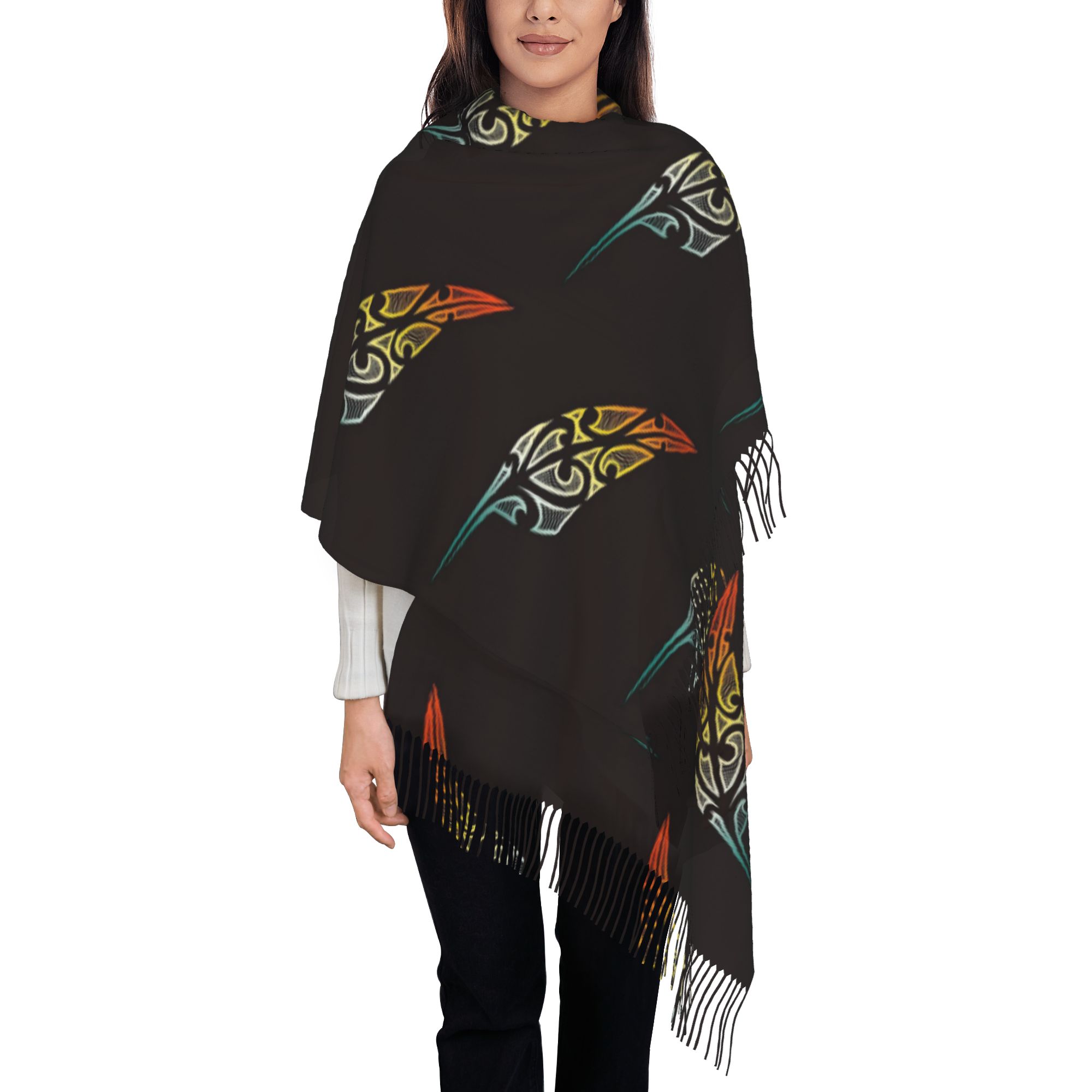 TEMU New Zealand Maori Elements 2d Print Design 1 Printed Pattern Tassel Scarf, Unisex Stylish Large Wrap Shawl, Soft Warm , Suitable For Indoor