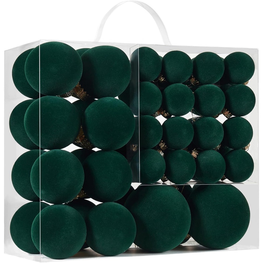TEMU Set di 46 decorazioni natalizie a sfera in velluto - Decorazioni per albero di Natale in plastica flocchiate infrangibili, ornamenti decorativi