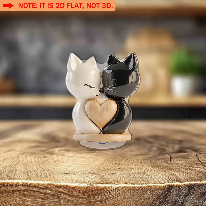 TEMU 2d Flat - 2d Flatwork 1pc Rotatable Acrylic Couple Cat Sculpture With Heart - Black And White, Perfect For Home Office Decor, Valentine's Day