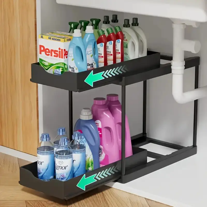 2-stöckiges multifunktionales Ausziehbar-Spülbecken-Aufbewahrungsregal, mit Ausziehbaren Regalen, robustem, platzsparendem Kunststoffdesign, Unter-Spüle Schrank-Organizer, hängendes
