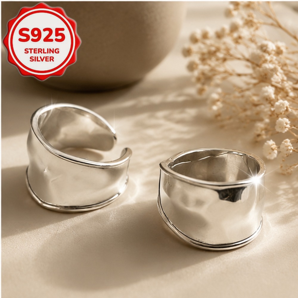 S925 Silver Wide Flat Adjustable Open Ring — Everyday Wear