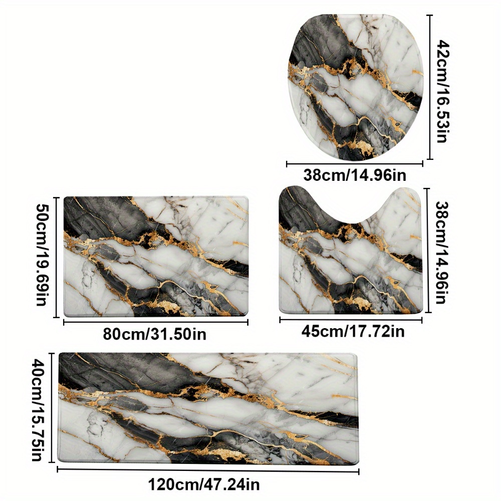 TEMU 4pcs/ Set Christmas Decoration Black And White Marble Printed Bathroom Protective Mat Set, Non-slip Bathroom Mat, Flannel Bathroom Mat, Bathroom