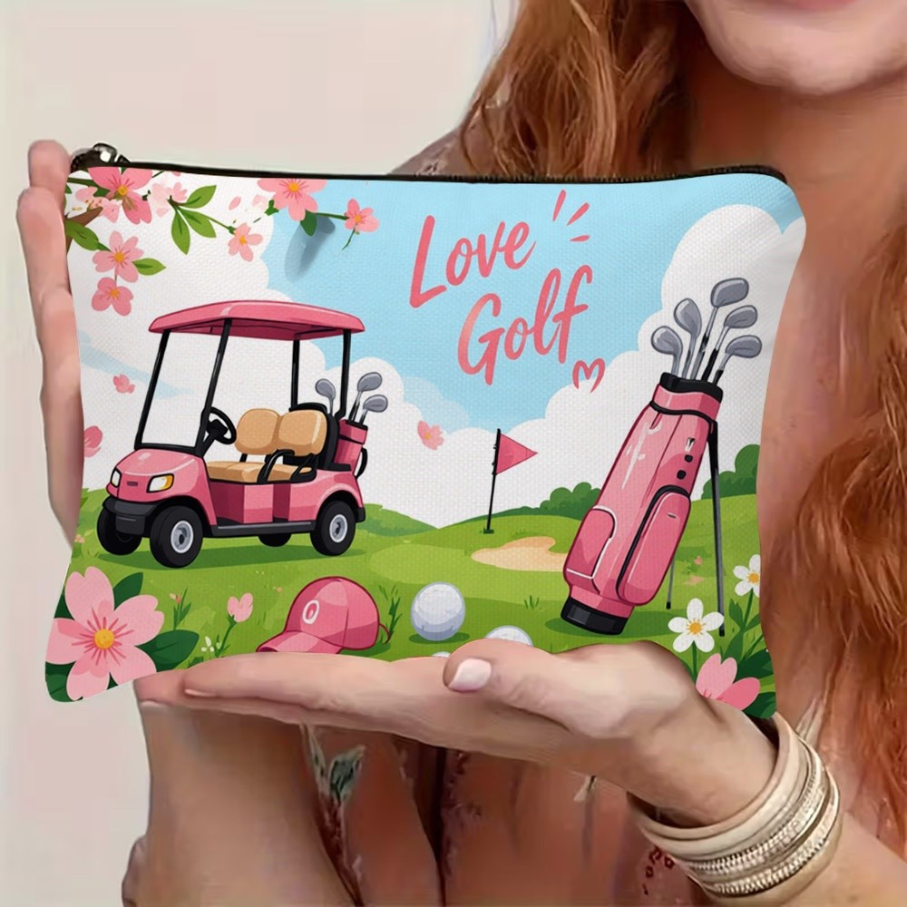 TEMU 1pc 2d Flat Printing Cartoon Pink Golf Theme Cosmetic Bag, Zipper Closure, Lightweight And Durable, Portable Zipper Pouch For Travel And Daily