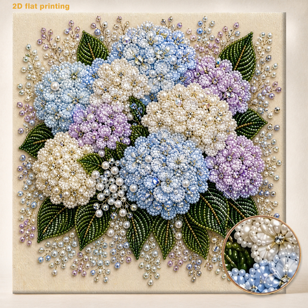 TEMU Ensemble de peinture d'art perle 2D à impression plate - Motif de bouquet d'hortensias bleu violet, comprend des perles rondes, des brillantes,