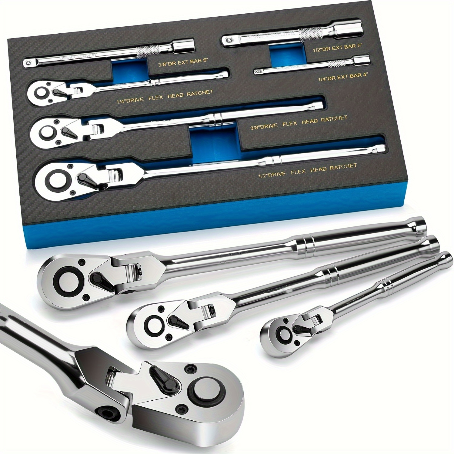 

Ryflens 6pcs Flex-head Ratchet Wrench Set, 72-tooth Swivel, 1/4", 3/8", 1/2" Drive, Steel, Includes Extension Bars, Eva Foam, Uncharged, No Battery Needed