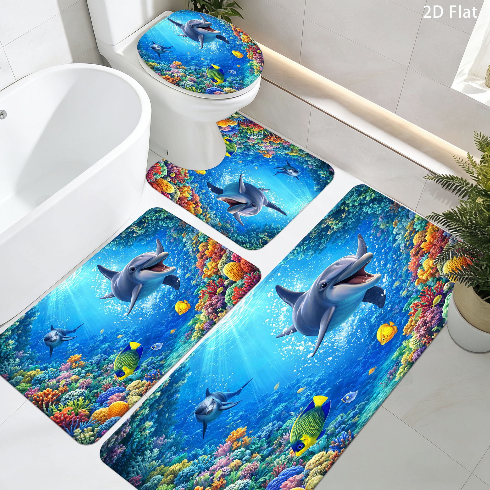 TEMU 3/4pcs Non-slip Bath Rug Suitable For Shower, Bathtub & Floor - Thickened Quick-dry Soft Carpet With Dolphin , Machine Washable Floor Covering