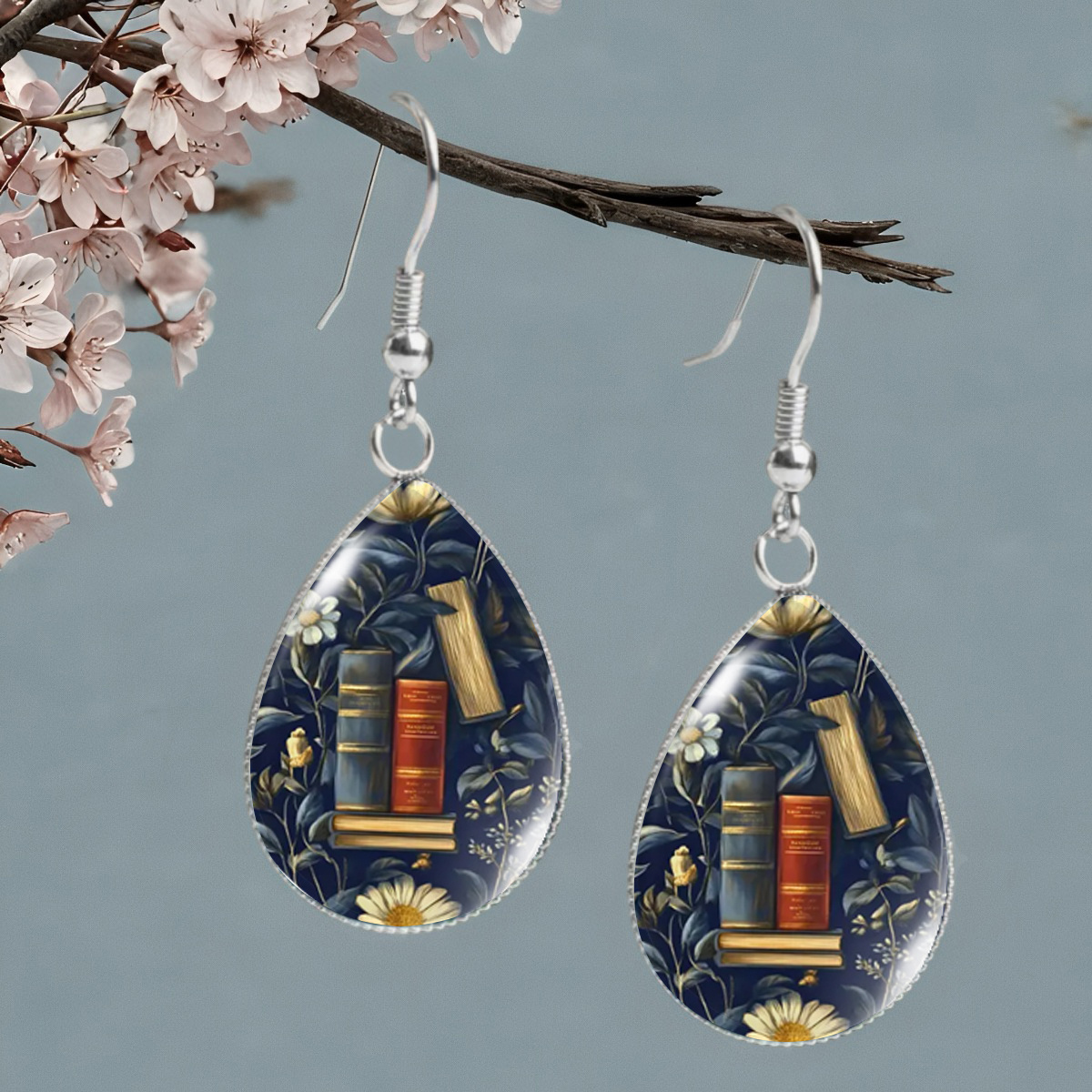 TEMU A Pair Of Vintage Blue Floral And Book Design Earrings, Artistic Style, Suitable For Everyday Wear And Parties, Perfect As A Holiday And