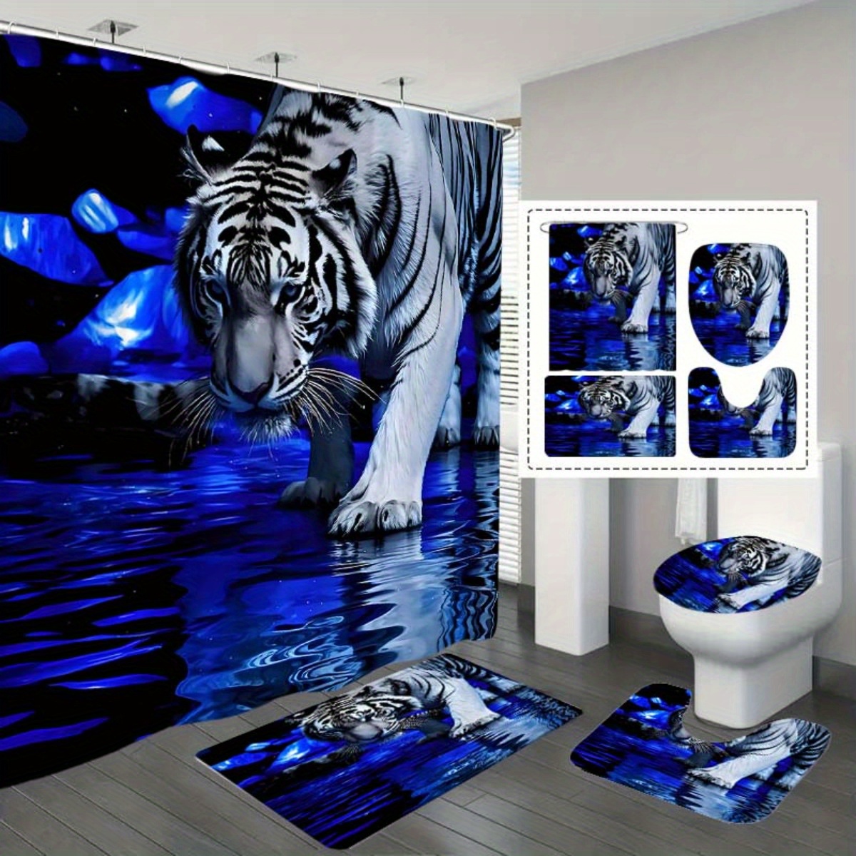 TEMU Set Of 4 Innovative Blue Tiger Bathroom Additions - Polyester Shower Curtain, U Shape, Includes 12 Sturdy Hooks - Contemporary Design, Bathroom Items Suitable For Any Season, Easy To Clean