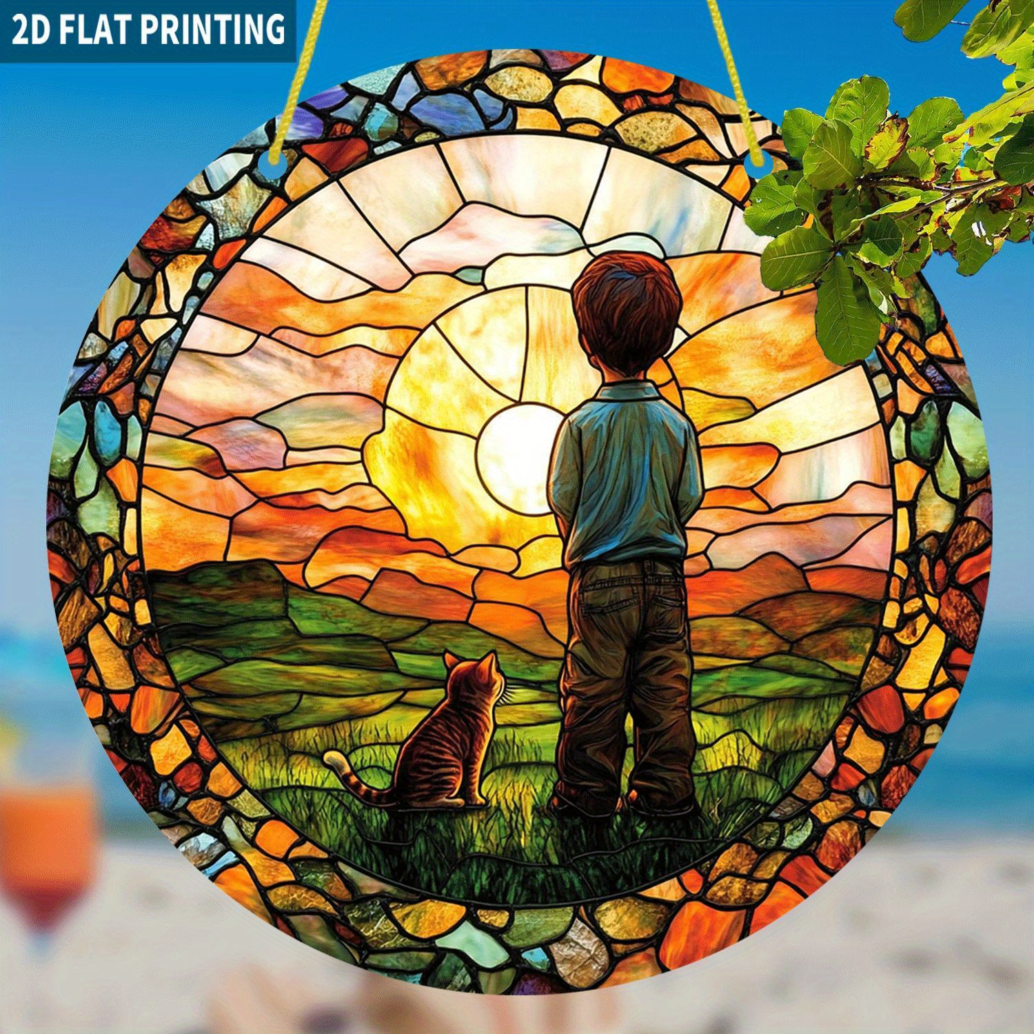 품목 사진 2d 플랫, 1pc   boy and cat sunset catcher - 7.87x7.87 인치 라운드 아크릴 사인, 평화로운 홈 데코, 거실, 침실, 사무실, 기념일, 우정의 날 선물, 침실 액센트 피스 | 유리 효과 | 내구성 아크릴, 선캣터 월 데코, 2d 플랫