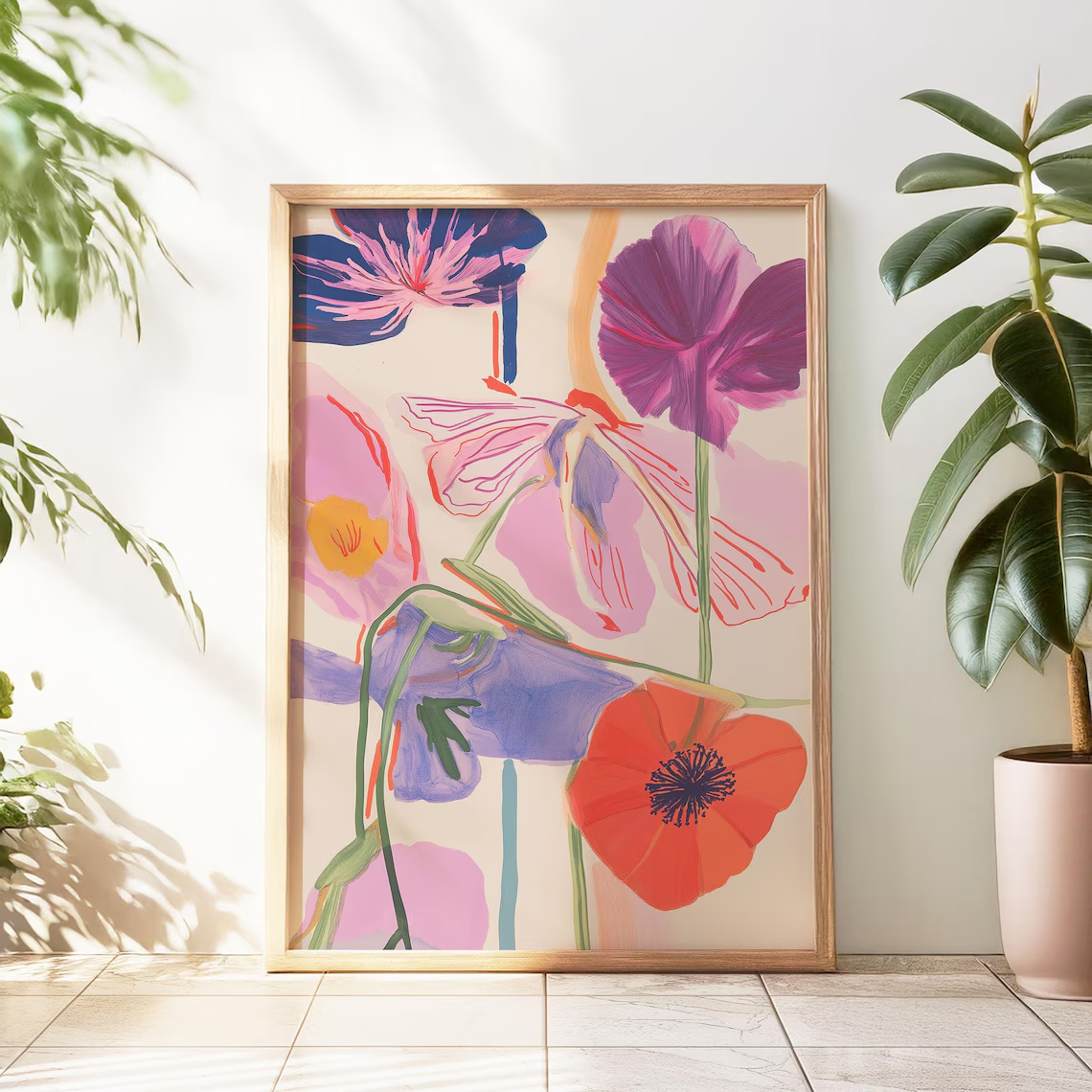 TEMU 2d Flat, 2d Flat, 1pc, Wall Art, Vintage Poster, Colorful Floral Abstract Botanical Art Print, Minimalist Canvas Painting, Unique And Aesthetic