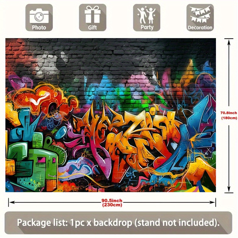 TEMU 1pc Graffiti Art Backdrop Retro Brick Wall Photography Banner - 90.5x70.8 Inch Vibrant Urban Street Art Design, Durable Polyester Fabric For