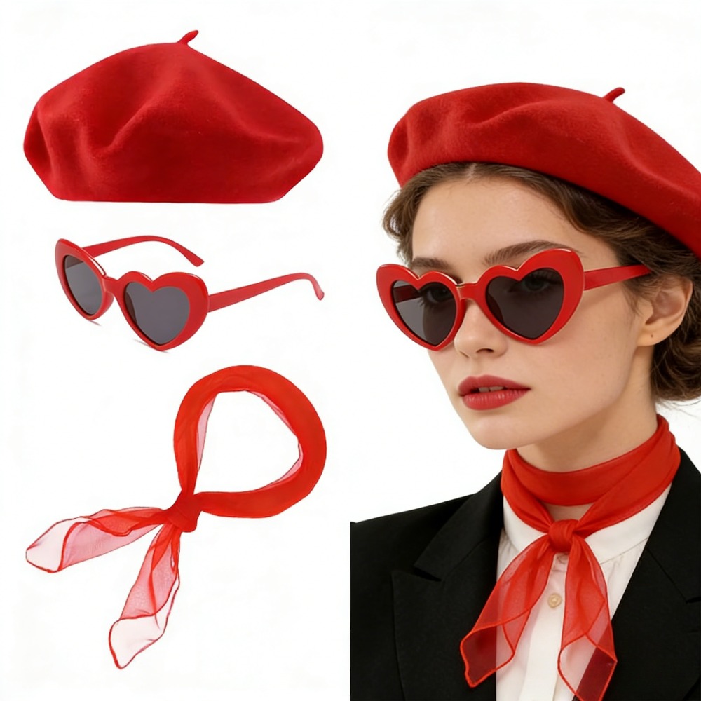 E-shop 3-teiliges Vintage Damen-Kostümzubehör-Set im Modestil der 1950er Jahre, inklusive Baskenmütze Schal, für Halloween-Rollenspiele, Mottopartys,