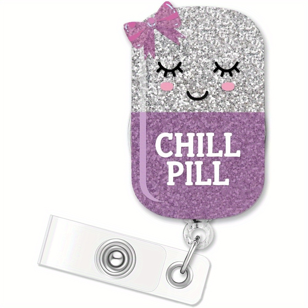 TEMU 2d Durable Fun Cartoon Pill Design Retractable Id Badge Clip With Silvery Sparkle - Perfect For Nurses, Doctors, Pharmacists, And Medical