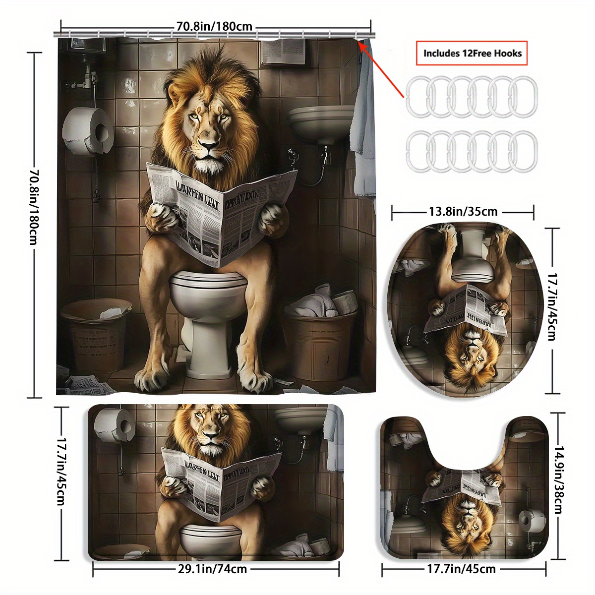 Funny Lion Shower Curtain - Farmhouse Brown Humor Animal Reading On Toilet, Black & White, 70x70 Inch, Polyester