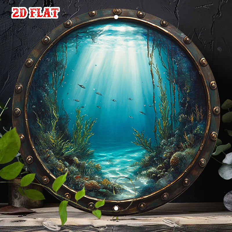 TEMU Panneau en bois plat 2D, 1 pièce - Impression photo ronde Soleil sous-marin et poissons, Art mural vintage en bois pour villa en , Café vintage,
