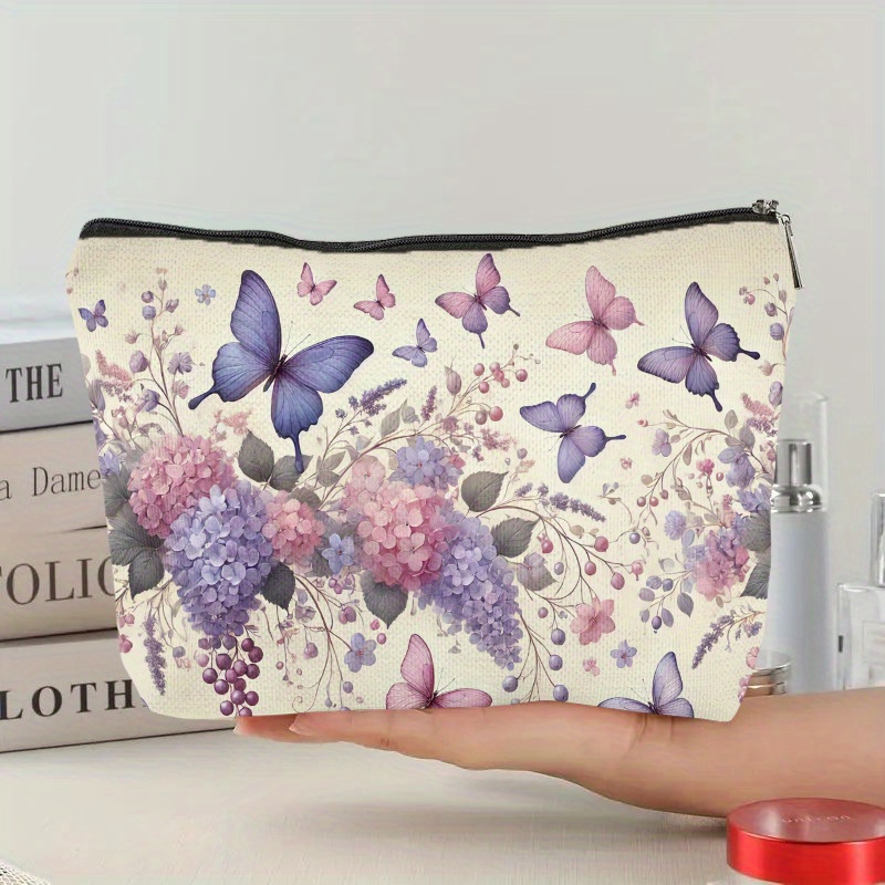TEMU 1pc Elegant Polyester Cosmetic Bag With Purple Floral And Design | Lightweight Zipper Bag For Women | Double-sided Printing, Perfect For Travel