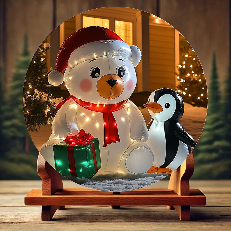 

Inflatable Christmas Bear With Penguin Companion - White Fur, Red Hat & Scarf, Holding Box - Aluminum Holiday Decoration For Outdoor Display, Inflatable Christmas Decorations